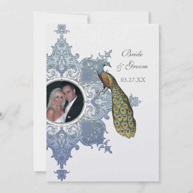 Invitación a la boda barroca de pavo real - Azul (Anverso)