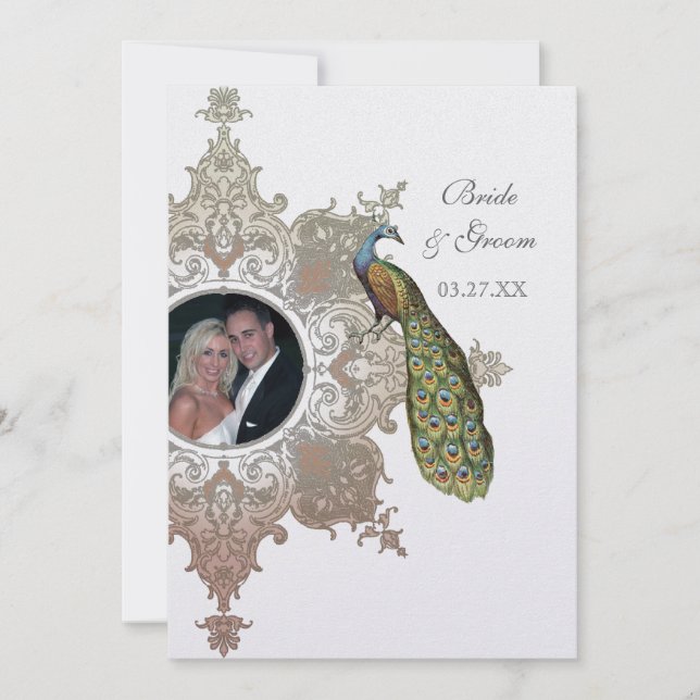 Invitación a la boda barroca de pavo real - Mocha  (Anverso)