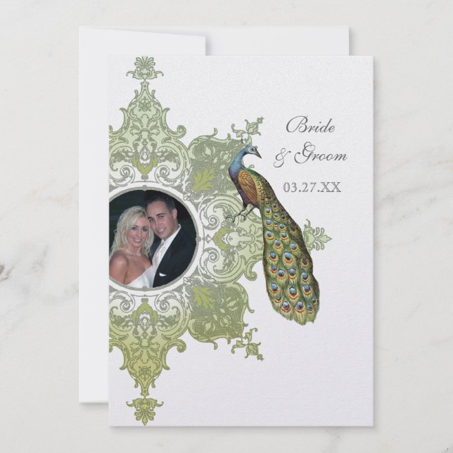 Invitación a la boda barroca de pavo real - Olive  (Anverso)