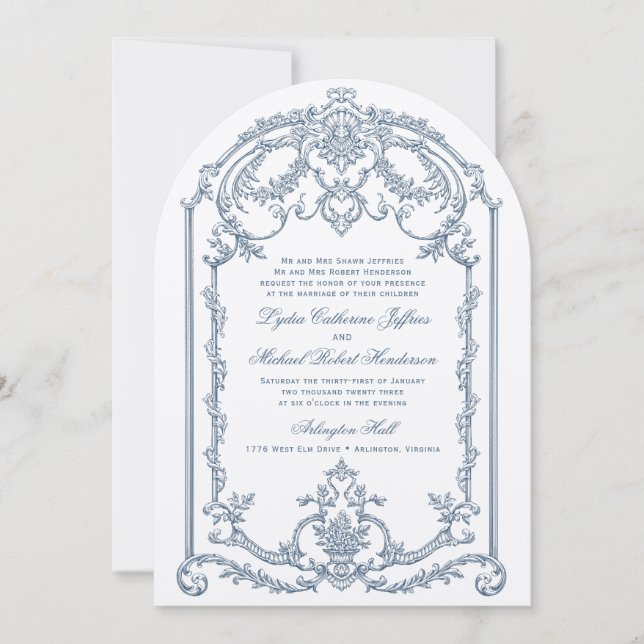 Invitación a la boda barroca del Ornato Azul franc (Anverso)