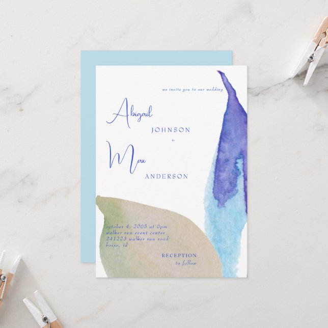 Invitación a la boda Beachy Vibes Artsy Blue & Tan (Anverso/Reverso In Situ)