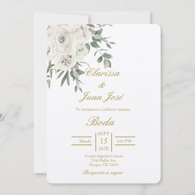 Invitación a la boda beige de rosa blanco (Anverso)