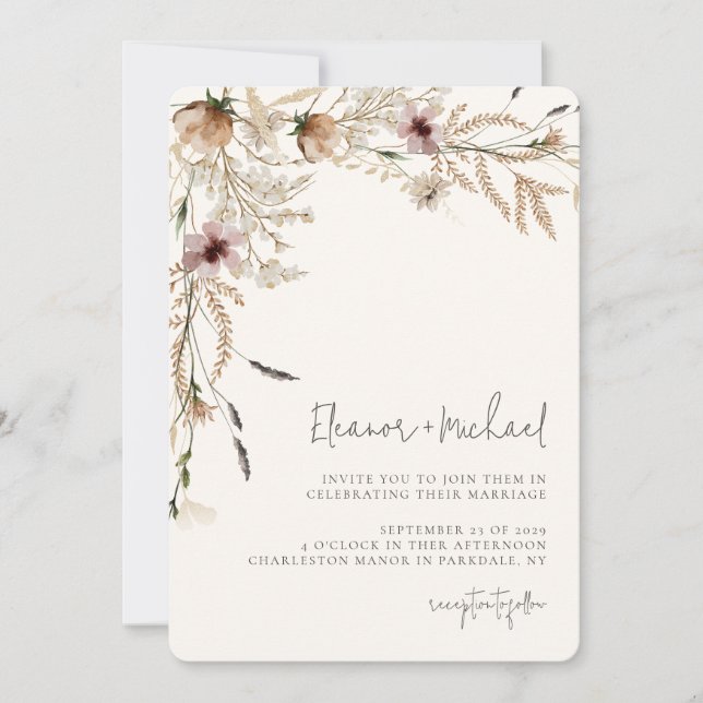 Invitación a la boda Beige-flor silvestre acuarela (Anverso)