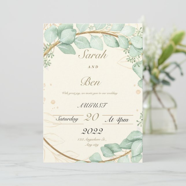 Invitación a la boda beige y verde (Anverso de pie)