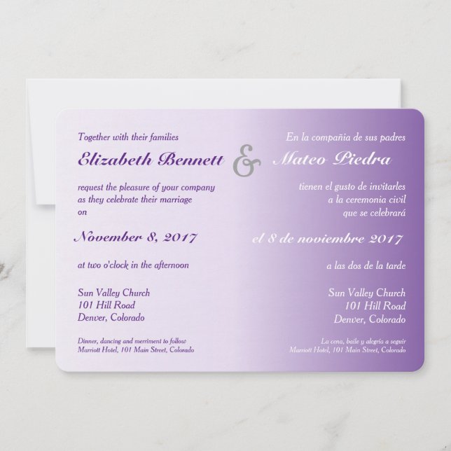 Invitación a la boda bilingüe con orémbre púrpura (Anverso)