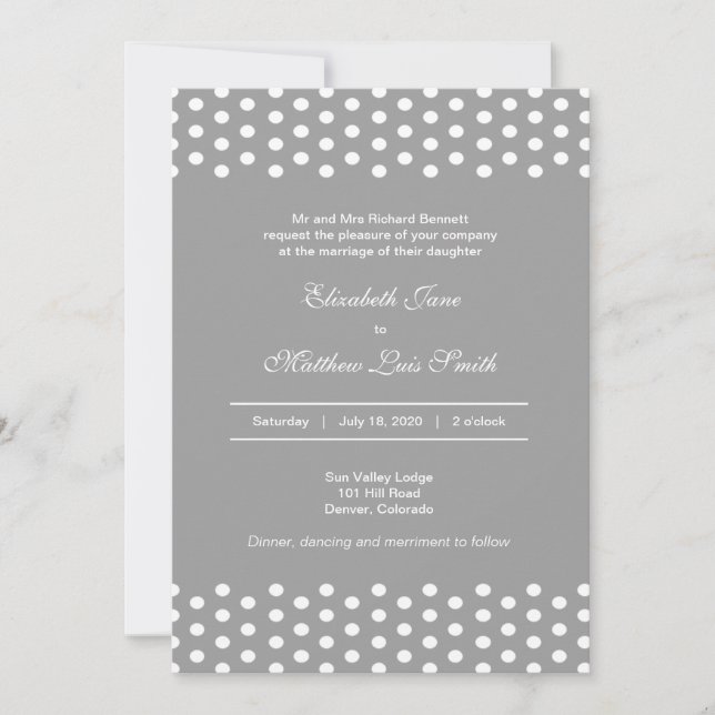 Invitación a la boda bilingüe con puntos de polka (Anverso)