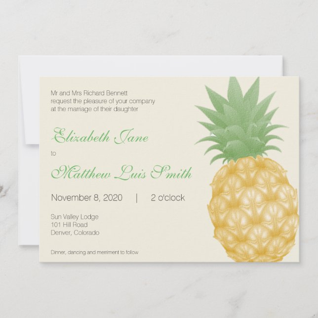 Invitación a la boda bilingüe de la piña tropical (Anverso)