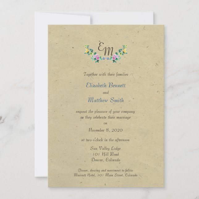 Invitación a la boda bilingüe de un monograma rúst (Anverso)