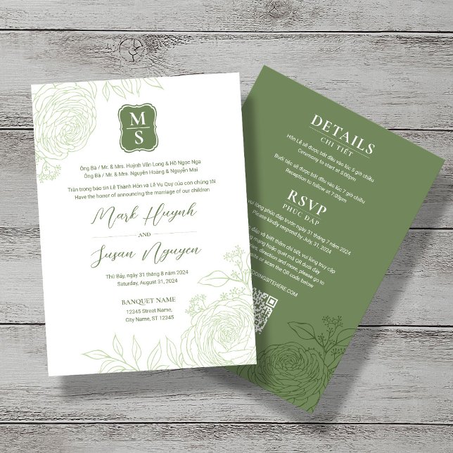 Invitación a la boda bilingüe vietnamita Ranunculu (Subido por el creador)