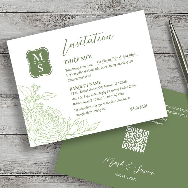 Invitación a la boda bilingüe vietnamita Ranunculu (Subido por el creador)