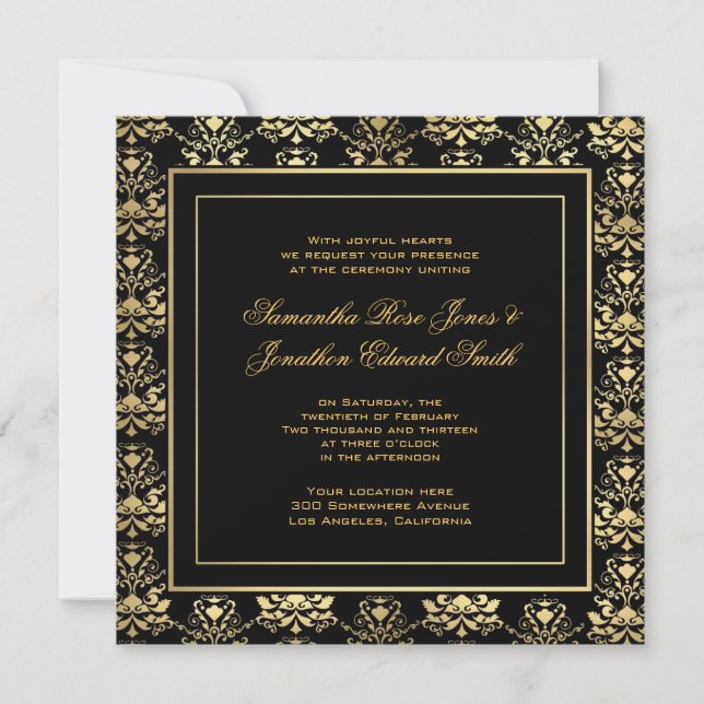 Invitación a la boda Black & Gold Damask (Anverso)