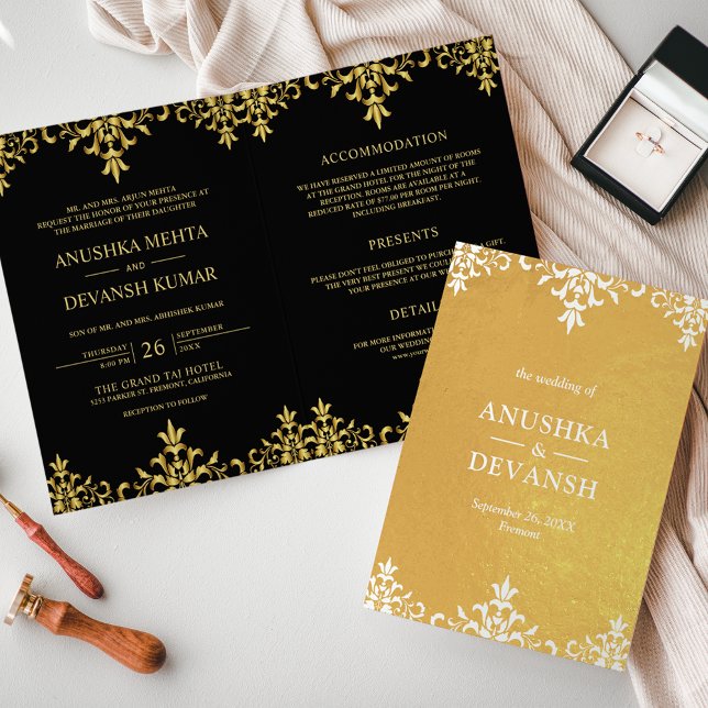 Invitación a la boda Black Gold Damask de estilo i (Subido por el creador)