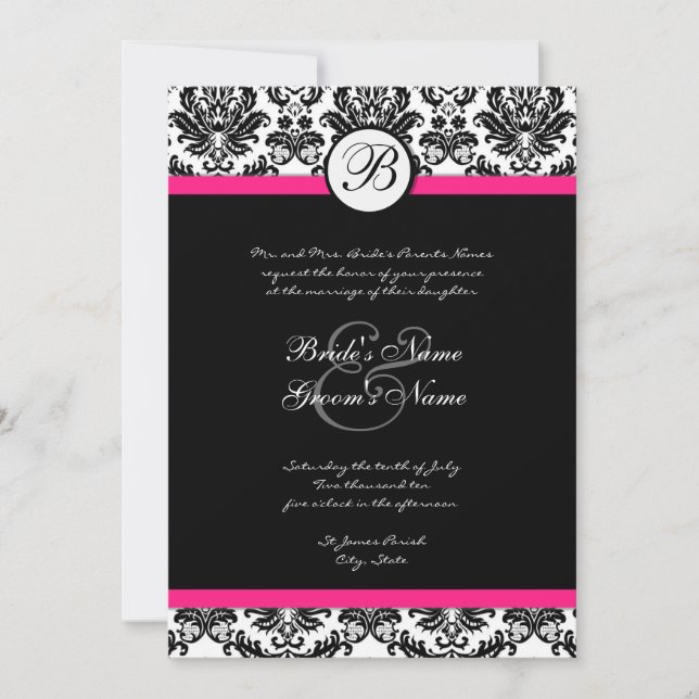 Invitación a la boda Black Hot Pink Damask (Anverso)