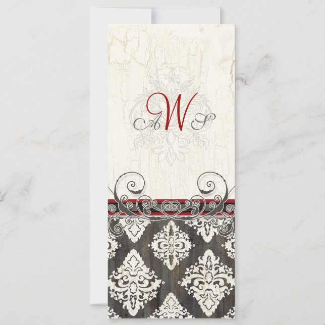 Invitación a la boda Black 'n White Damask (rojo) (Anverso)