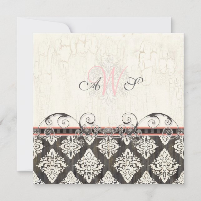 Invitación a la boda Black 'n White Damask (rosa) (Anverso)