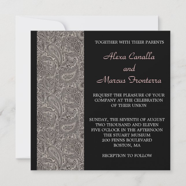 Invitación a la boda Black Paisley (Anverso)