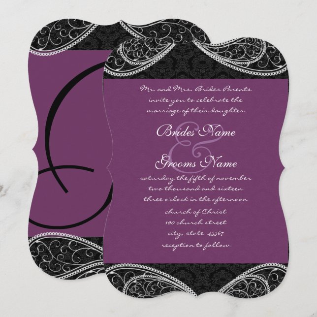 Invitación a la boda Black Purple Paisley Damask (Anverso / Reverso)
