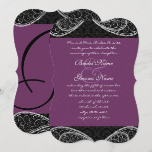 Invitación a la boda Black Purple Paisley Damask