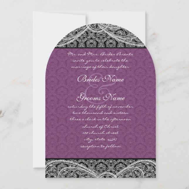 Invitación a la boda Black Purple Paisley Damask (Reverso)