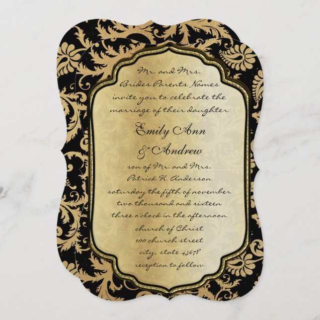 Invitación a la boda Black Vintage Damask (Anverso / Reverso)