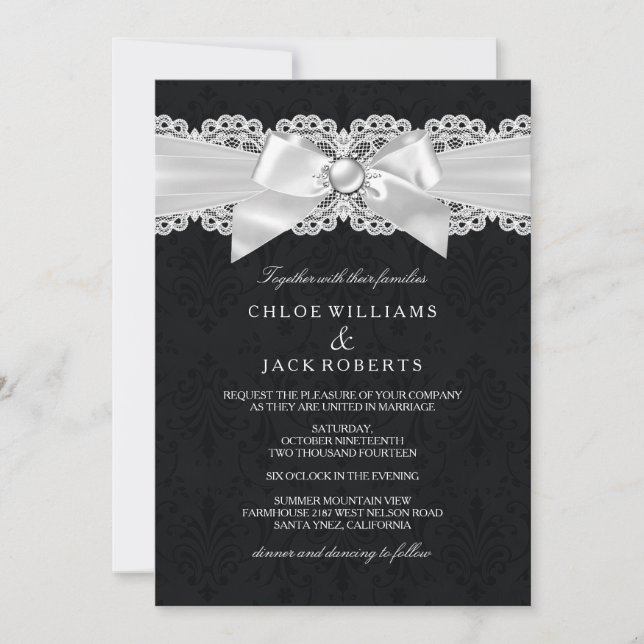 Invitación a la boda Black & White Damask & Pearl  (Anverso)