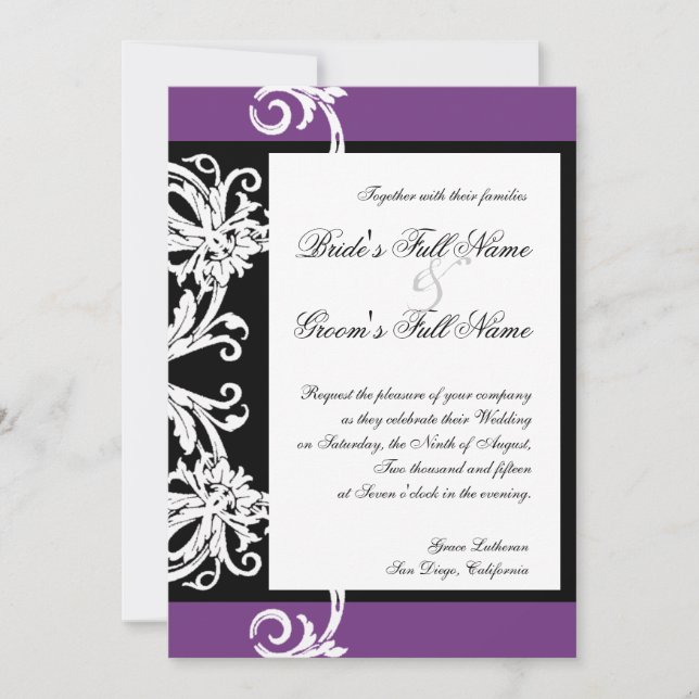 Invitación a la boda Black White Purple Heart Dama (Anverso)