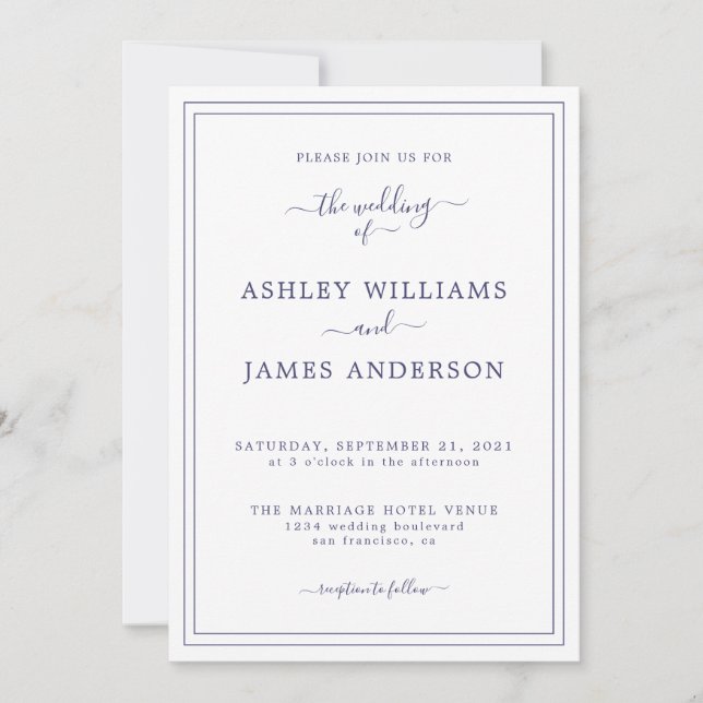 Invitación a la boda blanca azul de la marina con  (Anverso)