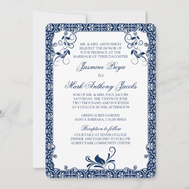 Invitación a la Boda Blanca Azul de la Marina Flor (Anverso)