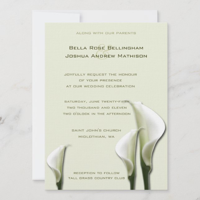 Invitación a la boda blanca Calla Lilies (Anverso)