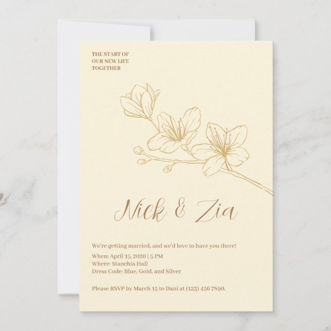 Invitación a la Boda Blanca con Floral de Oro mini (Anverso)
