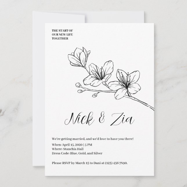 Invitación a la Boda Blanca con Floral de Oro mini (Anverso)