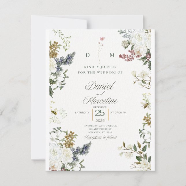 Invitación a la boda blanca con flores - guardar l (Anverso)
