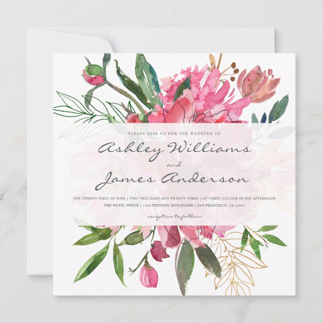 Invitación a la boda blanca con flores rosadas de  (Anverso)