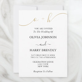 Invitación a la boda blanca con guión de oro en mo