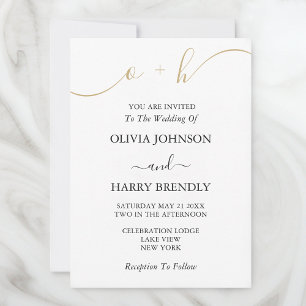 Invitación a la boda blanca con guión de oro en mo