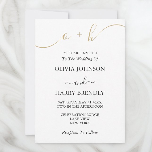 Invitación a la boda blanca con guión de oro en mo (Stylishly Personalize with Your Monogram Initials & Custom Wedding Information.)