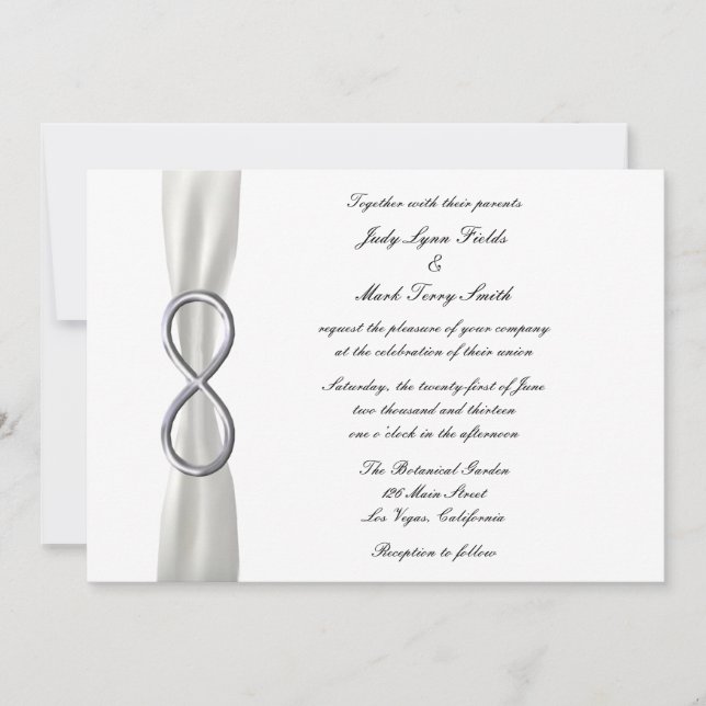 Invitación a la boda blanca con infinito plateado (Anverso)