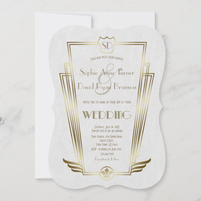 Invitación a la Boda Blanca con Monograma Real de  (Anverso)
