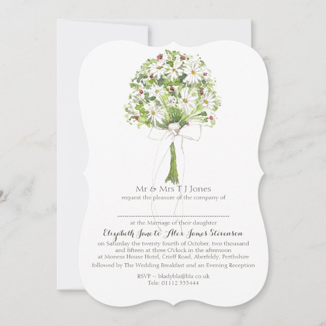 Invitación a la boda blanca Daisy Bouquet (Anverso)