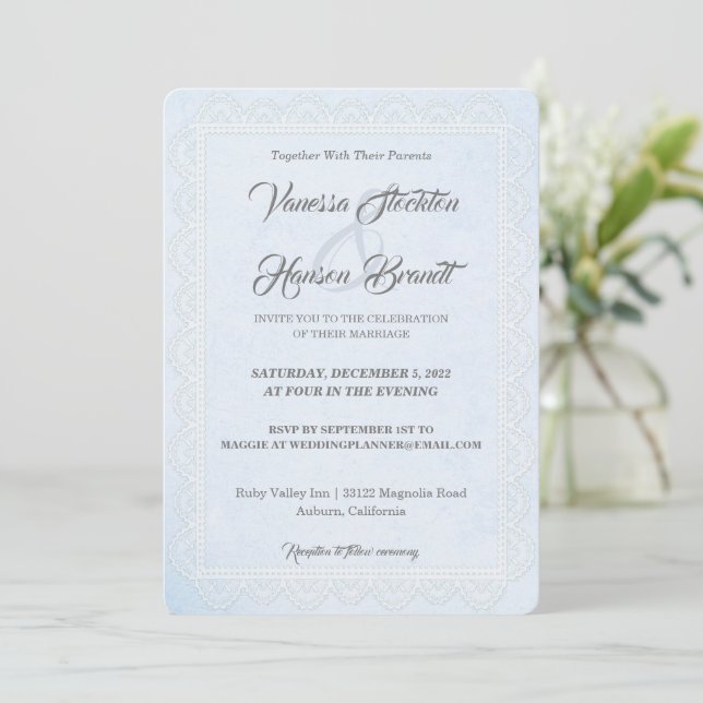 Invitación a la boda blanca de borde de encaje (Anverso de pie)