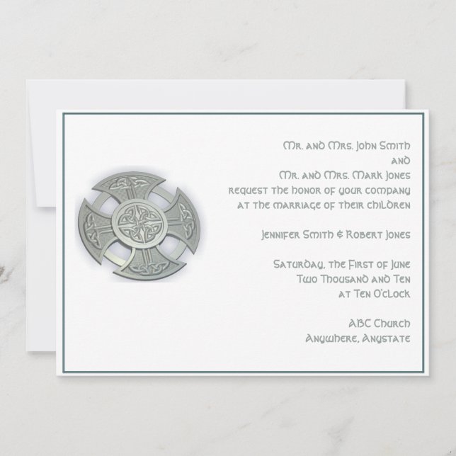 Invitación a la boda blanca de cruz celta plateada (Anverso)