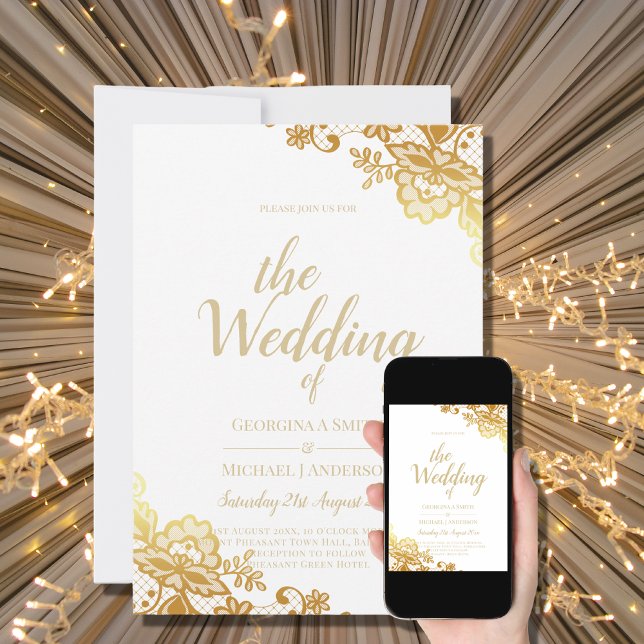 Invitación a la boda blanca de encaje dorado Clási (Subido por el creador)