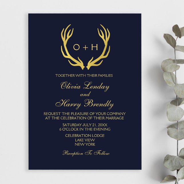 Invitación a la boda blanca de la Marina de Oro Mo (Stylishly Personalize with Your Monogram Initials, Names & Wedding Event Information.)