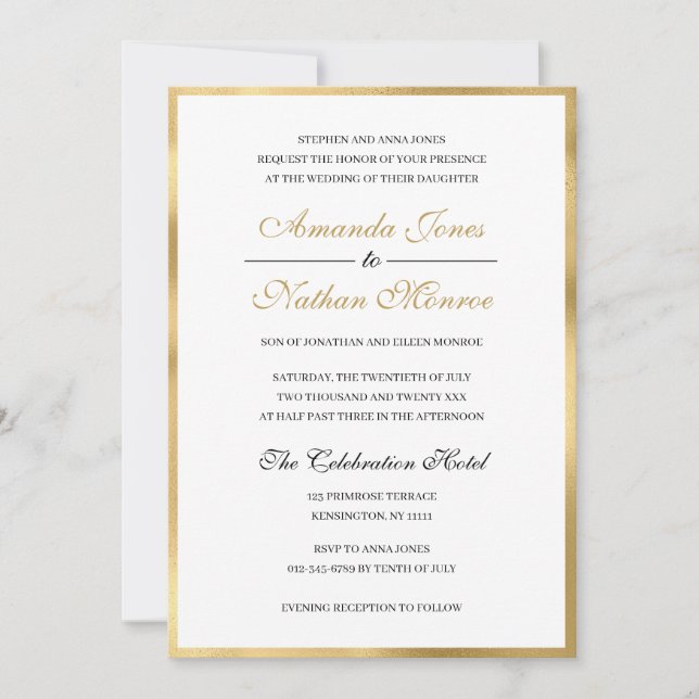 Invitación a la Boda Blanca de Oro Clásico Elegant (Anverso)