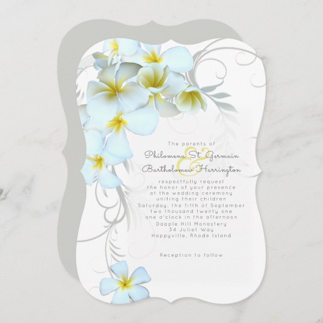 Invitación a la boda blanca de Plumeria en Hawái (Anverso / Reverso)