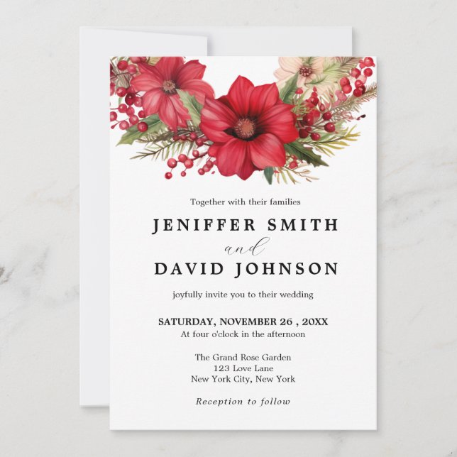 Invitación a la boda blanca floral de Navidades de (Anverso)