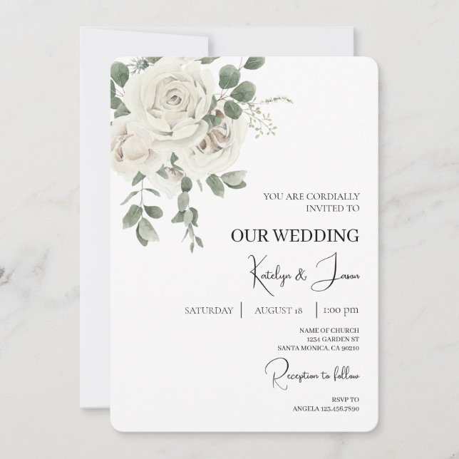 Invitación a la boda blanca floral en inglés (Anverso)