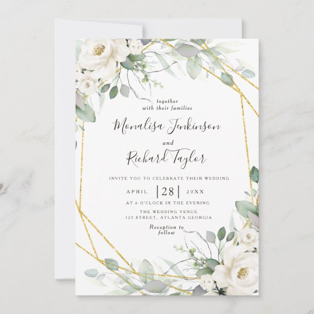 Invitación a la boda blanca floral y verde (Anverso)