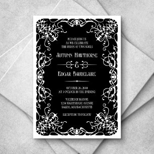 Invitación a la boda blanca gótica victoriana negr