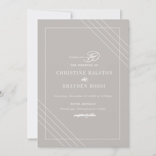 Invitación a la boda blanca gris Art Deco (Anverso)